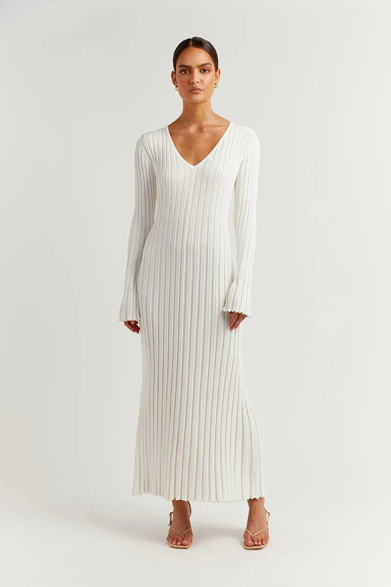 Zaraienne | V-Neck Long Sleeve Ribbed Knit Maxi Sweater Dress
