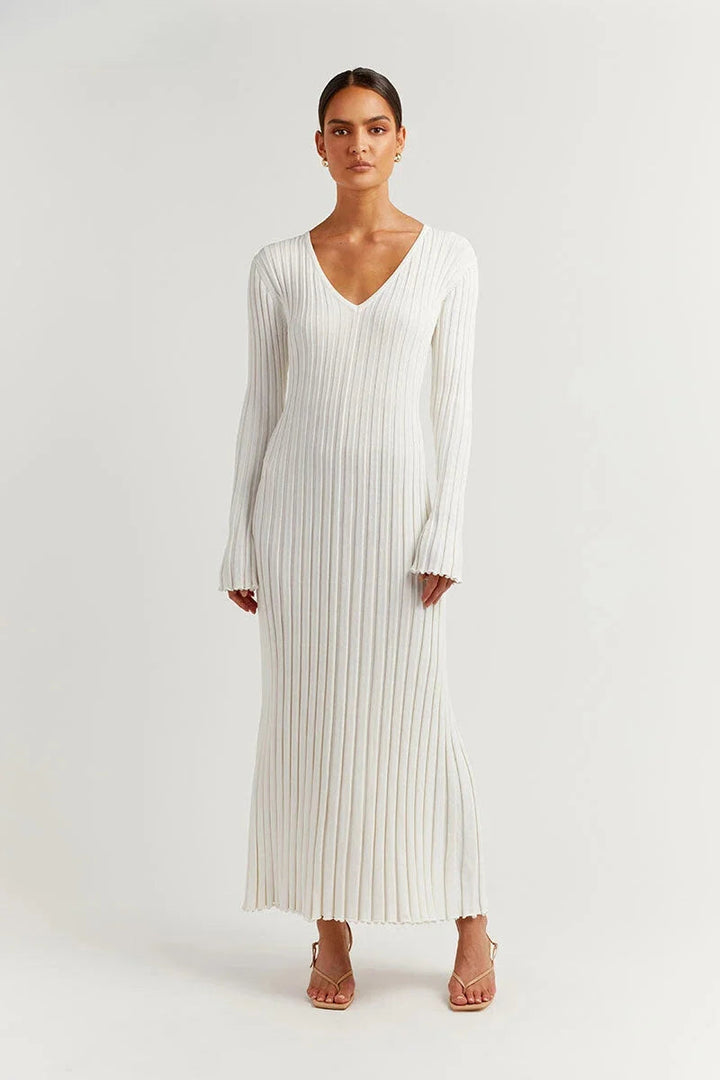Zaraienne | V-Neck Long Sleeve Ribbed Knit Maxi Sweater Dress