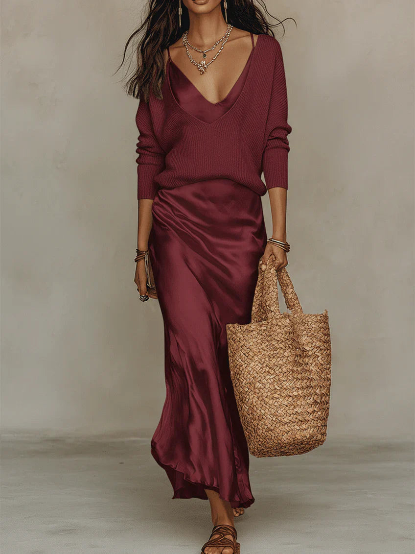 Zaraisse | Women's Cozy Satin Maxi Dress and Knit Sweater Set — Red
