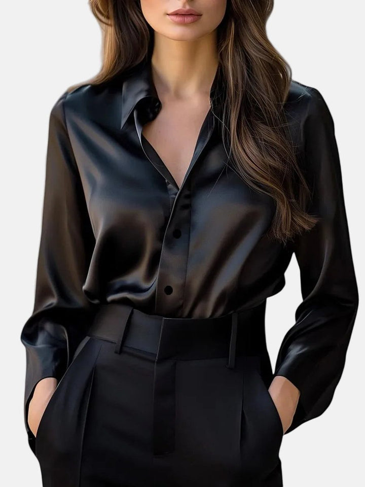 Zillaora | Women's Linen Casual Satin Blouse, Button-Down Front — Black