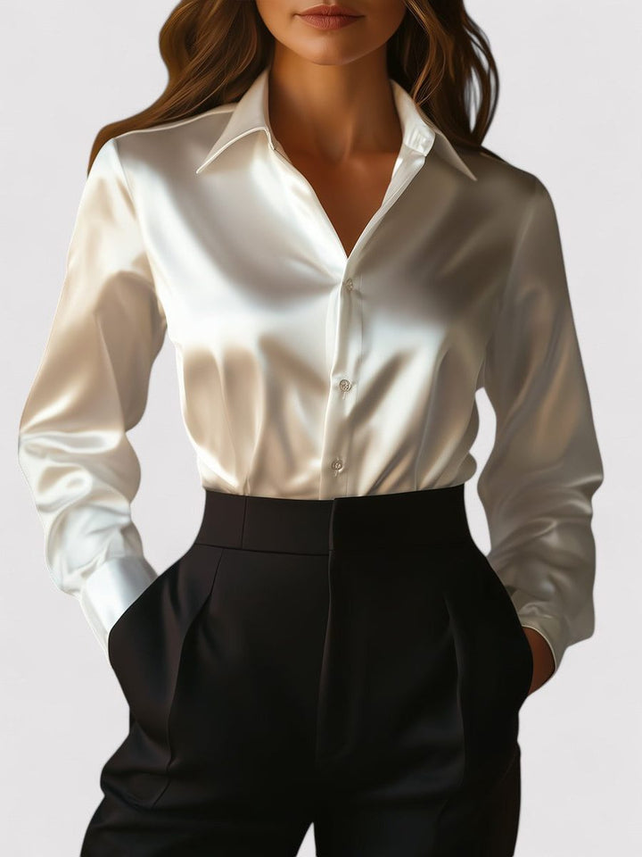 Zillaora | Women's Linen Casual Satin Blouse, Button-Down Front — White