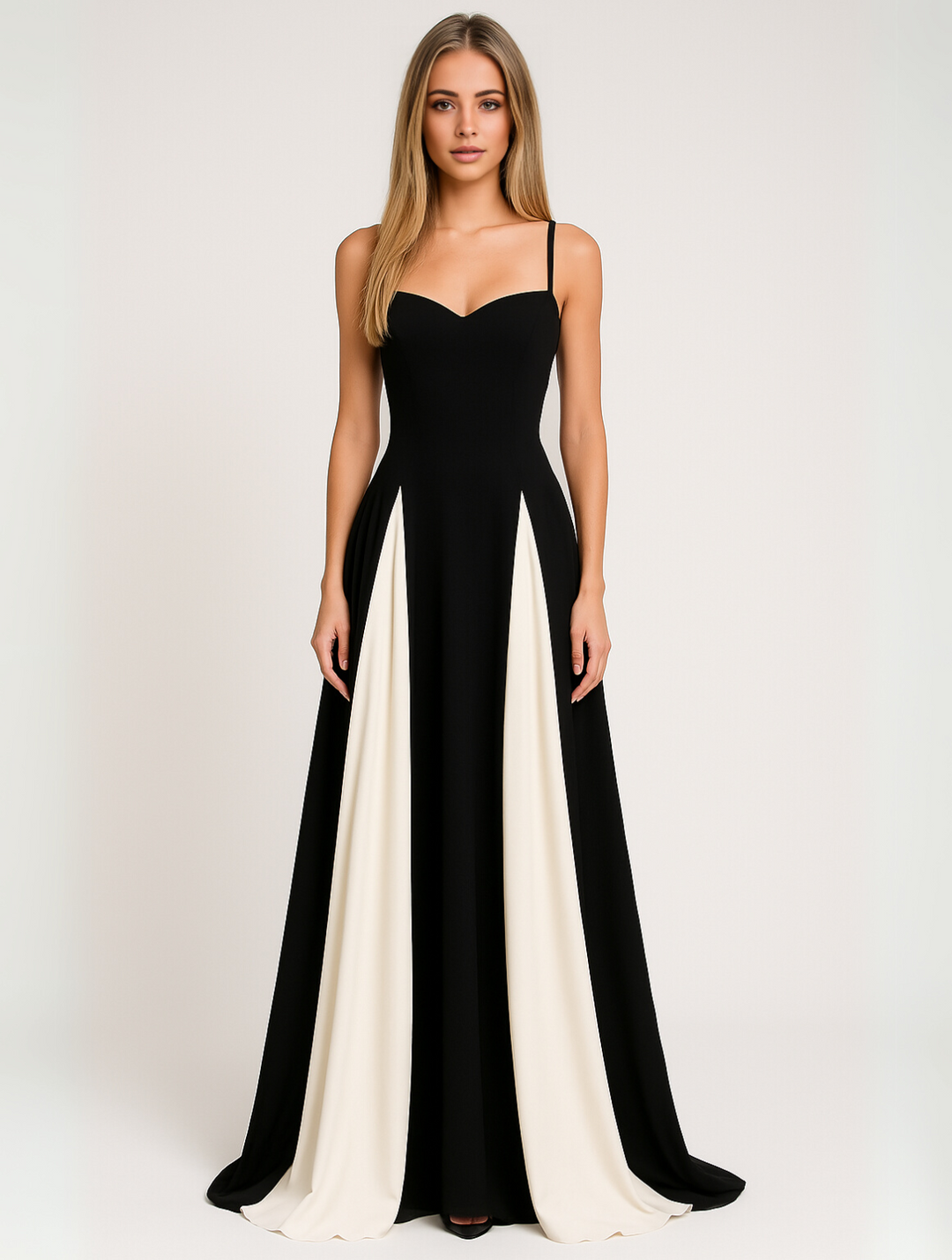 Caelliwyn | Women's Elegant A- Evening Dress for - Spaghetti Strap - Color Block — Black